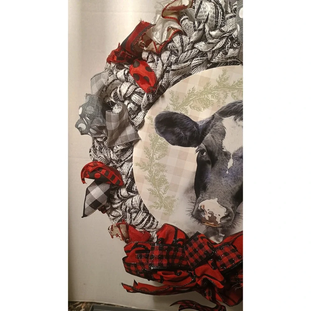 Handmade Cow Wreath Unisex Large Black White Excellent Farmhouse Plaid Mesh